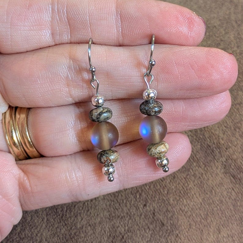 Moonstone/Leopard Skin Jasper Beaded Hook Earrings - - LadybugfeetDesigns -