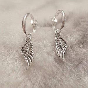 ANGEL Wing Sterling Hoop Earrings, Hoop Drop - - LadybugfeetDesigns -