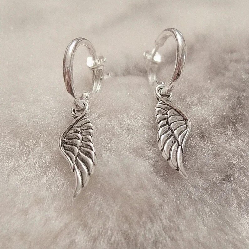 ANGEL Wing Sterling Hoop Earrings, Hoop Drop - - LadybugfeetDesigns -
