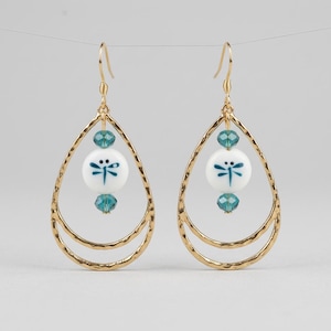 Dragonfly Bead Hammered Teardrop Earrings, Gold - - LadybugfeetDesigns -