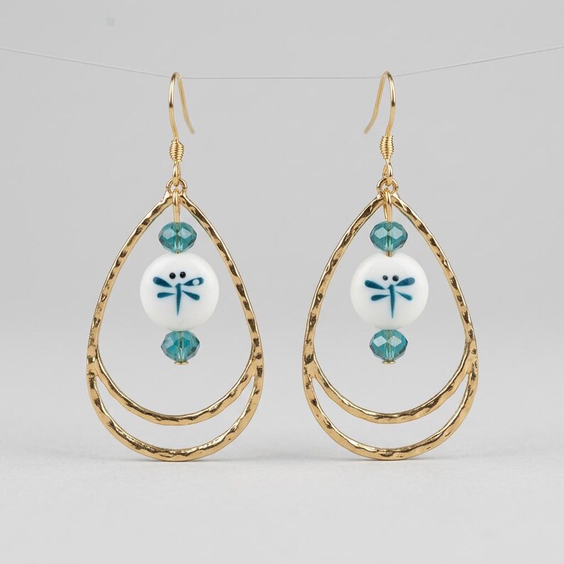 Dragonfly Bead Hammered Teardrop Earrings, Gold - - LadybugfeetDesigns -