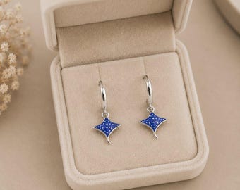 Blue Stingray Earrings, Silver Hoop - 15mm