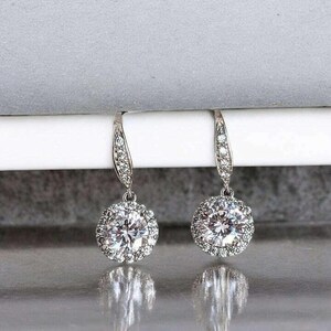 CZ Diamond Halo Earrings-APRIL Birthstone-Wedding Jewelry - - LadybugfeetDesigns -