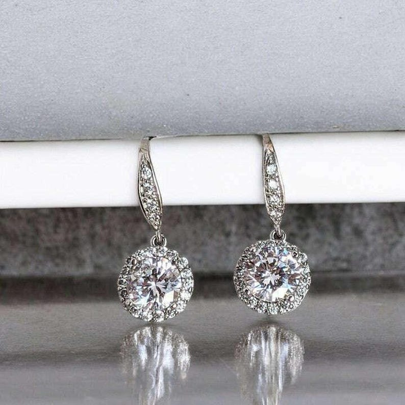 CZ Diamond Halo Earrings-APRIL Birthstone-Wedding Jewelry - - LadybugfeetDesigns -