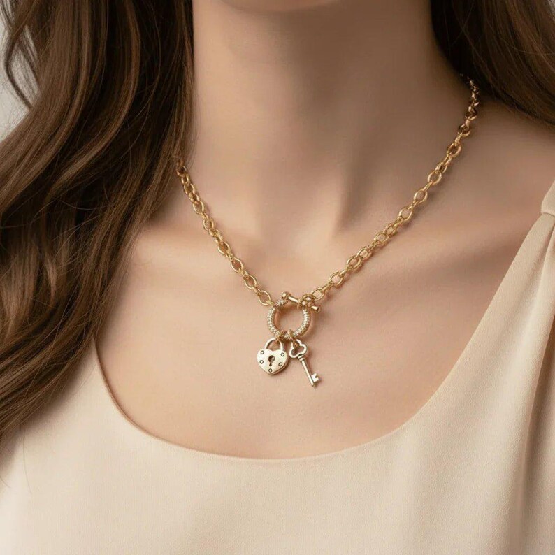 Heart Lock and Key Shackle Clasp Carabiner Necklace, Gold - 20 inch - - LadybugfeetDesigns -