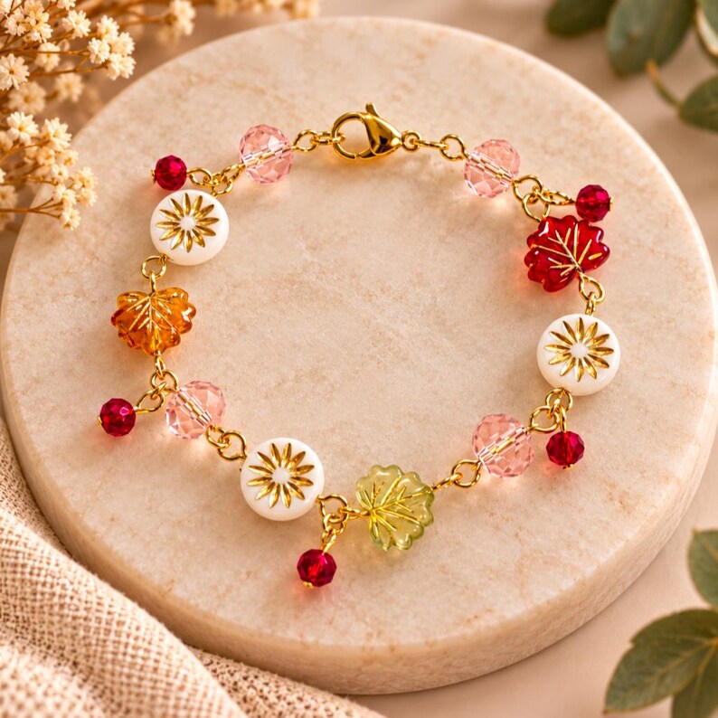 Botanical Starburst Crystal Bead Bracelet, Gold - - LadybugfeetDesigns -