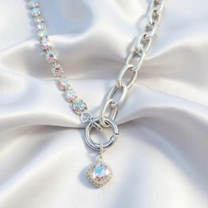 Crystal & Silver Snap Ring Necklace, Matte Silver - 22 inch - - LadybugfeetDesigns -