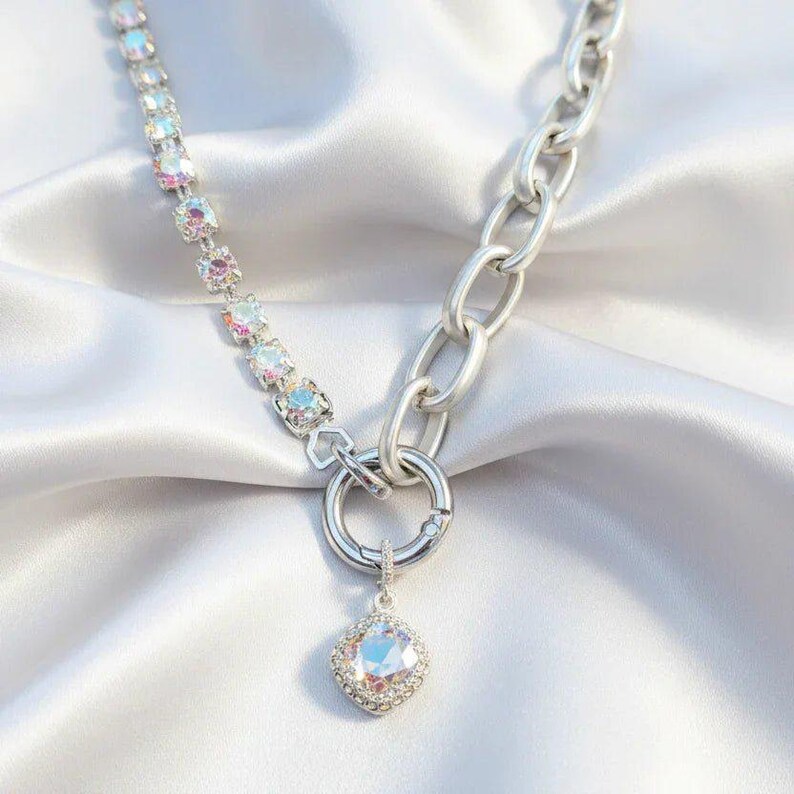 Crystal & Silver Snap Ring Necklace, Matte Silver - 22 inch - - LadybugfeetDesigns -