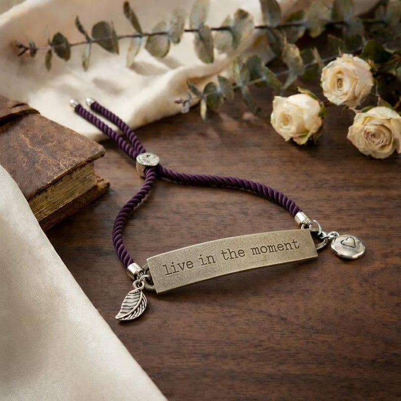 Live in the Moment, Inspirational Quote Twisted rope bolo Bracelet - - LadybugfeetDesigns -