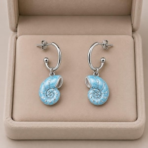 Blue Sea Snail Hoop Earrings, Silver - 16mm - - LadybugfeetDesigns -