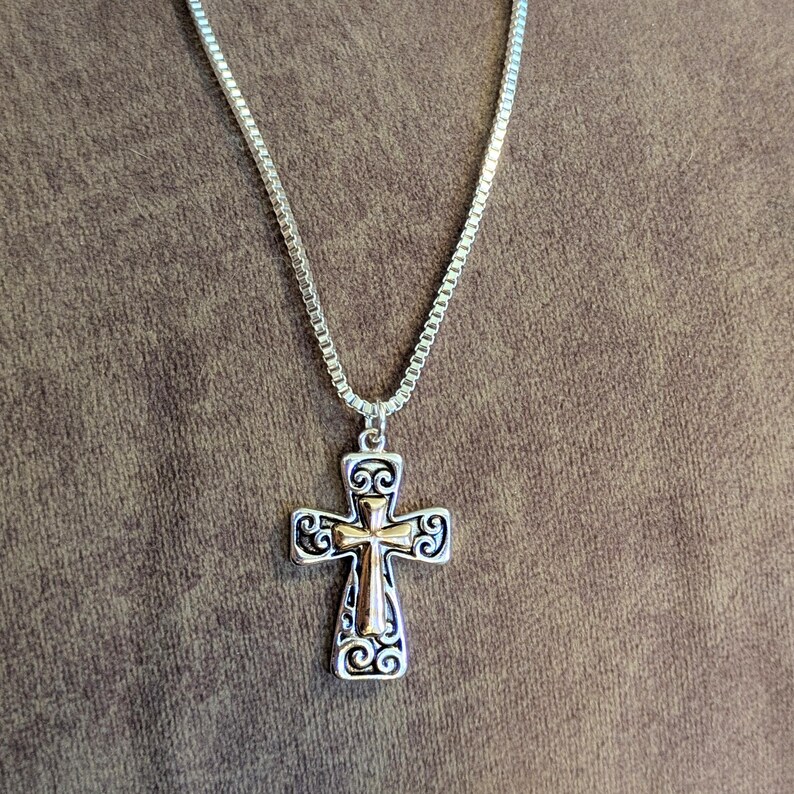 Two Tone Fancy Cross Necklace, Sterling Silver- 24 inches - - LadybugfeetDesigns -