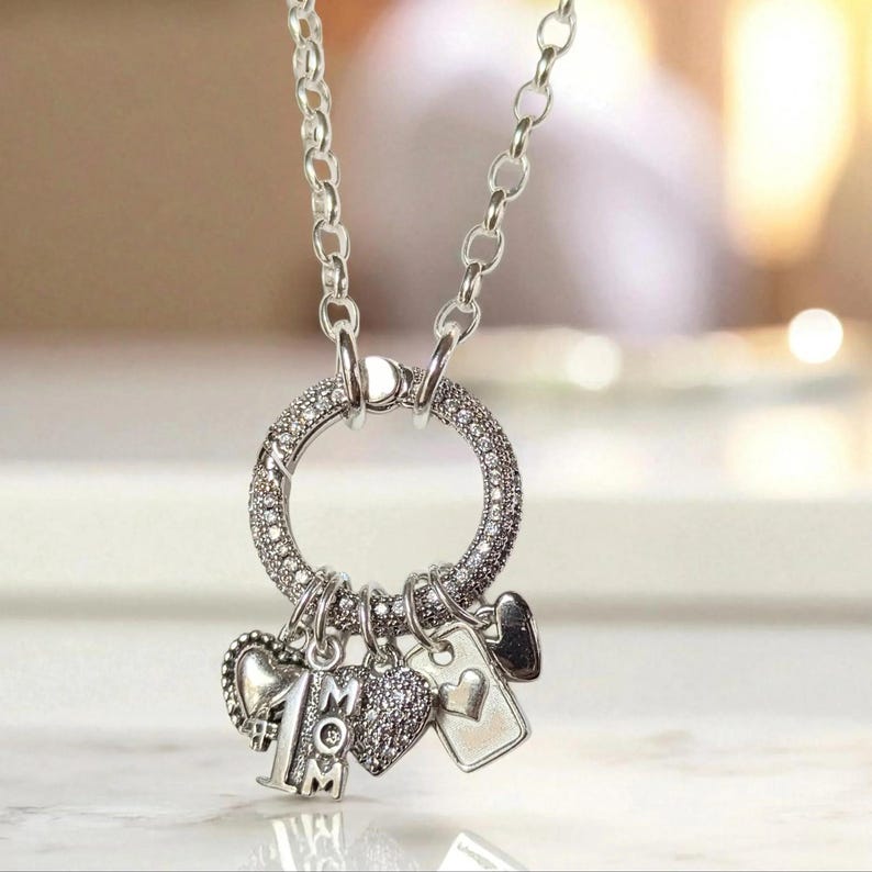 1 Mom Silver CZ Snap Ring Necklace, .925 Sterling Silver - 20 inch - - LadybugfeetDesigns -