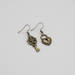 Key/Lock hook earrings, Antique Bronze - - LadybugfeetDesigns -