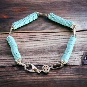 Aqua Blue Smiley Stainless Steel Paperclip Chain Bracelet - - LadybugfeetDesigns -