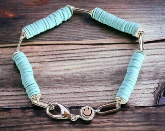 Aqua Blue Smiley Stainless Steel Paperclip Chain Bracelet