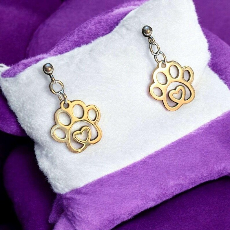 Dog Paw Charm Drop Stud Earrings-Silver - - LadybugfeetDesigns -