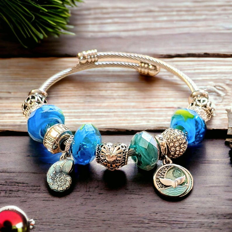 Ocean Lover Euro Cuff Wrap Bracelet, Silver - - LadybugfeetDesigns -