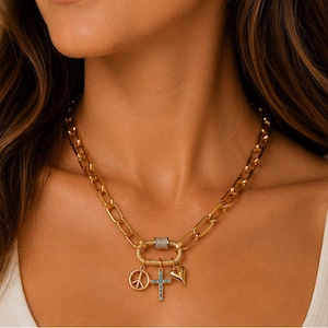Peace & Love Carabiner Necklace, Gold - Adjusts up to 20 inches - - LadybugfeetDesigns -