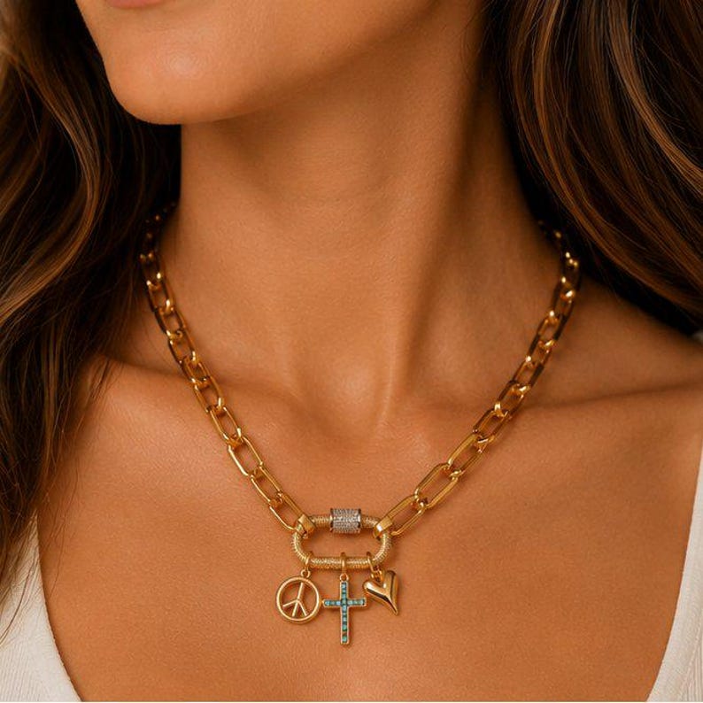 Peace & Love Carabiner Necklace, Gold - Adjusts up to 20 inches - - LadybugfeetDesigns -