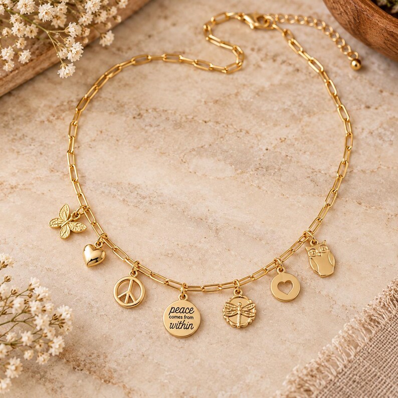 Peace Comes from Within Multi Charm Link Necklace, Gold- 20 inch - - LadybugfeetDesigns -