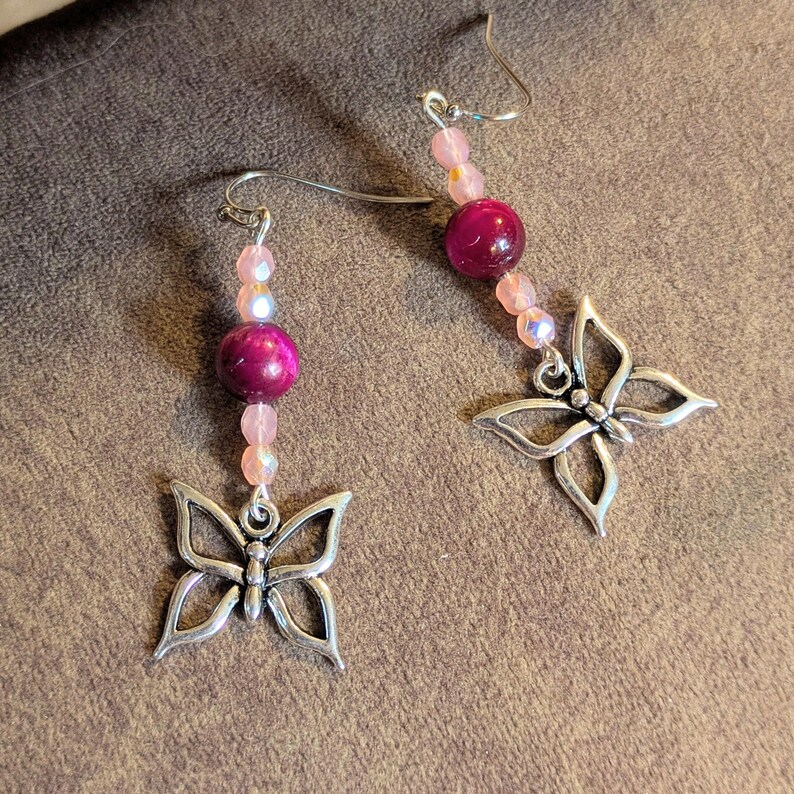 Pink Tiger's Eye Beaded Butterfly Earrings - - LadybugfeetDesigns -