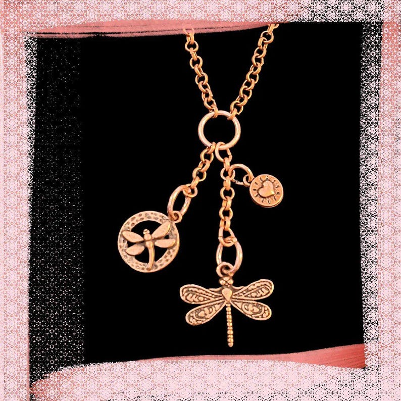 Dragonfly Charm Keeper Necklace, Antique Copper - 18-24 inch - - LadybugfeetDesigns -