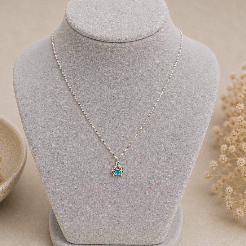 Tiny Blue Crystal Crab Necklace, 20 inches - Silver - - LadybugfeetDesigns -