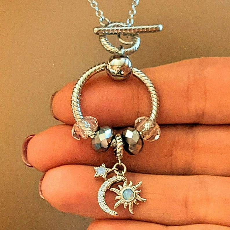 Moon Sun Star Sterling Silver Toggle Charm Necklace, 20 inches - - LadybugfeetDesigns -