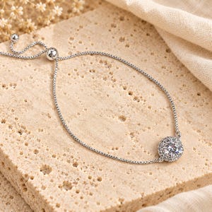CZ Diamond Halo adjustable Bracelet, Silver - - LadybugfeetDesigns -