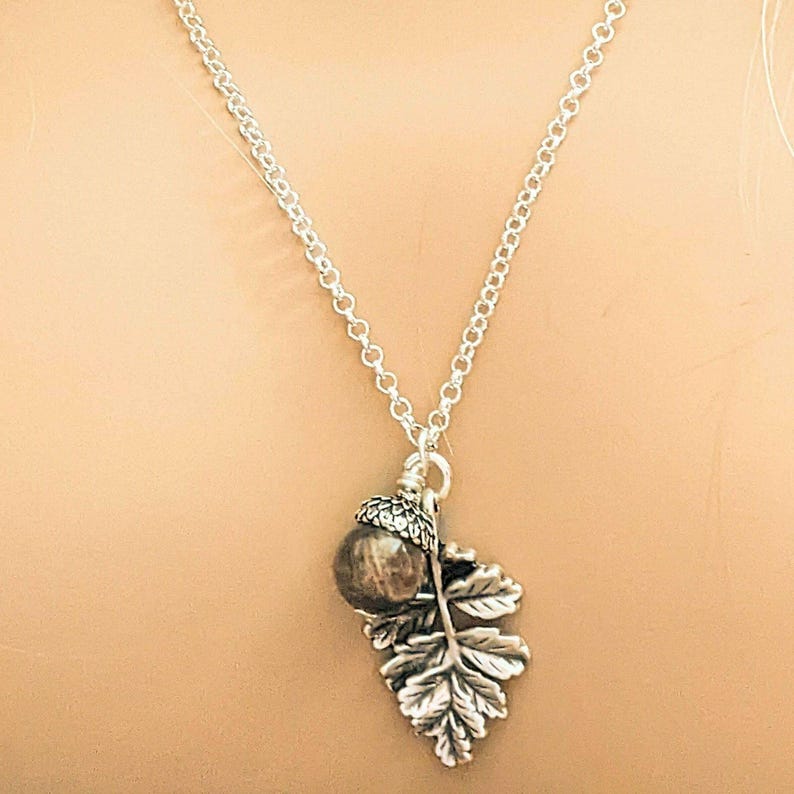 Acorn Oak Leaf Necklace, Silver - - LadybugfeetDesigns -