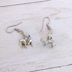 Mismatched English Bulldog crystal hook earrings - - LadybugfeetDesigns -