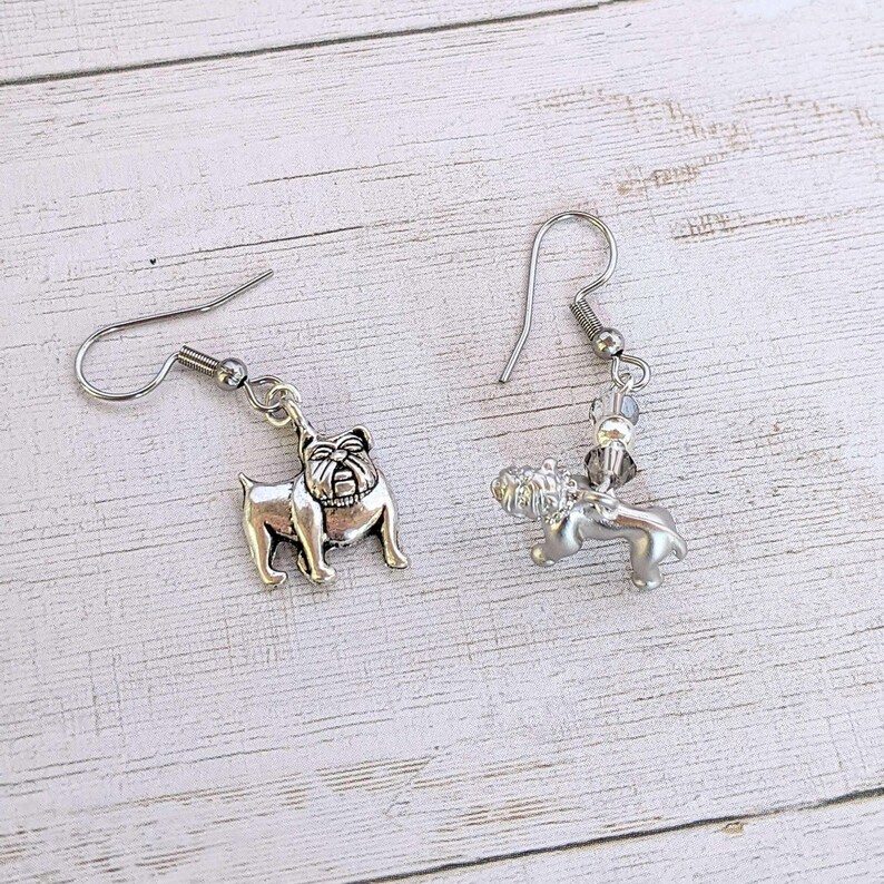 Mismatched English Bulldog crystal hook earrings - - LadybugfeetDesigns -