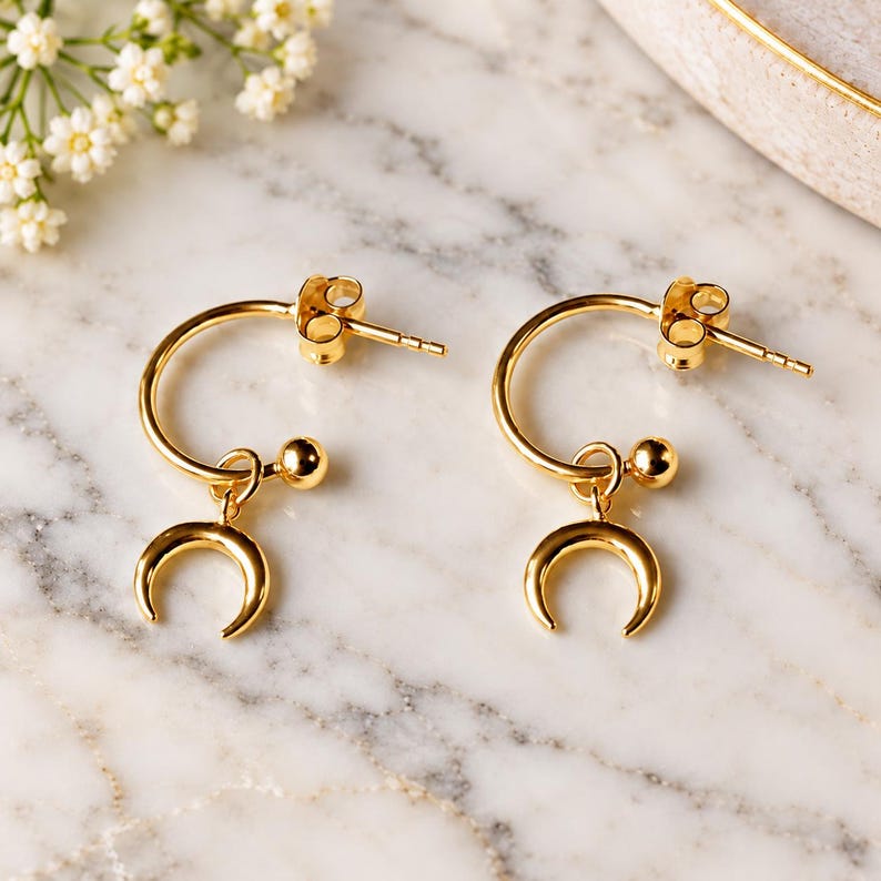 Downward Crescent Moon Mini Hoop Huggie Earrings, Gold- 12mm - - LadybugfeetDesigns -