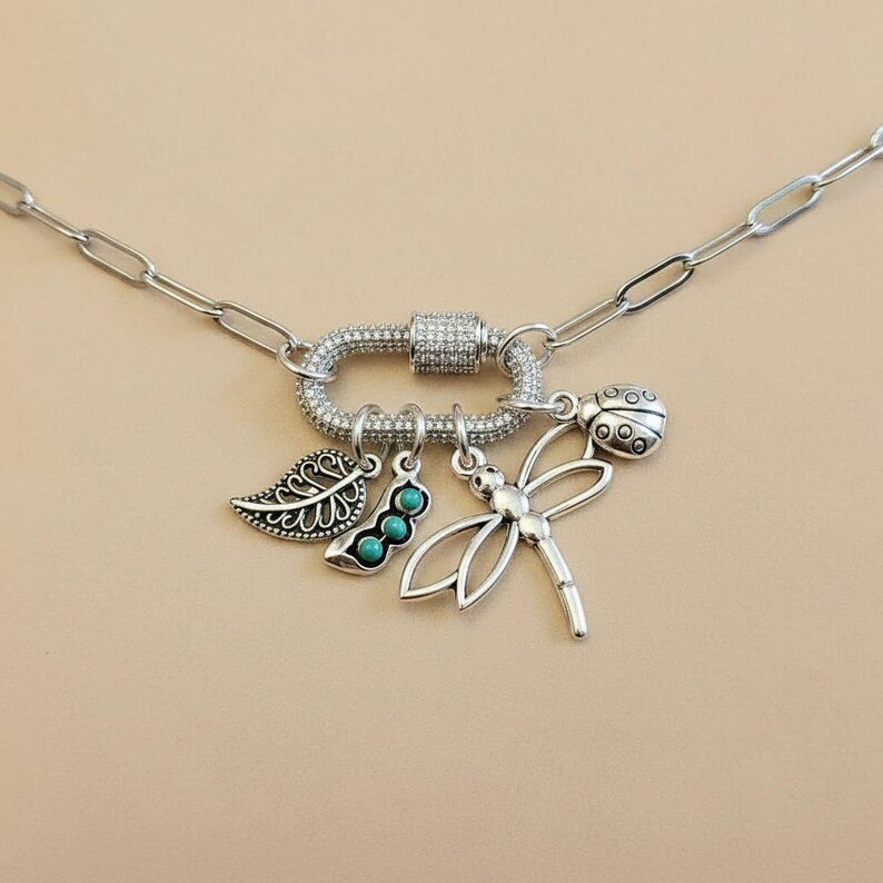Large Dragonfly, Garden Friends Carabiner Necklace, Silver - 20 inch - - LadybugfeetDesigns -