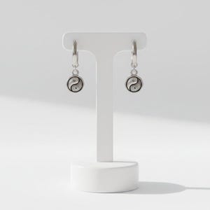 Yin Yang Huggie Hoop earrings, 12mm Hoop Drop - - LadybugfeetDesigns -