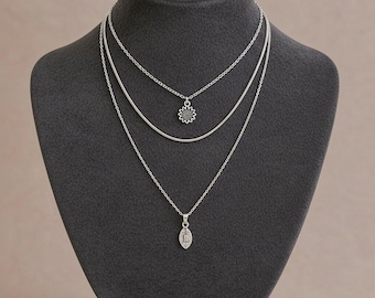 Sunflower Initial Leaf Layered Necklace Set, Silver