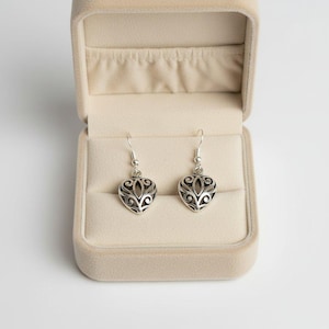 Puffy Heart Filigree Dangle earrings - - LadybugfeetDesigns -