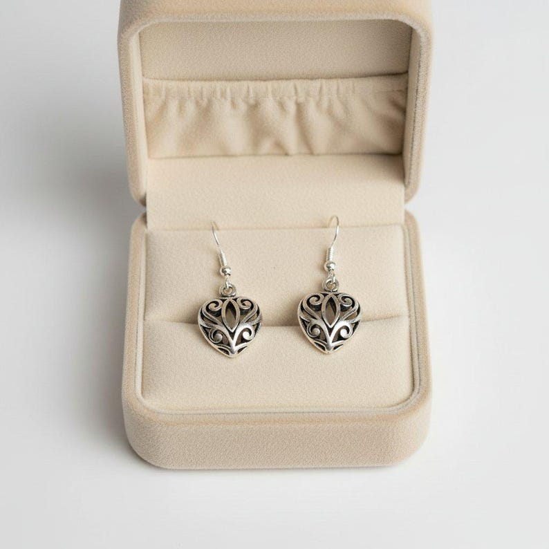 Puffy Heart Filigree Dangle earrings - - LadybugfeetDesigns -