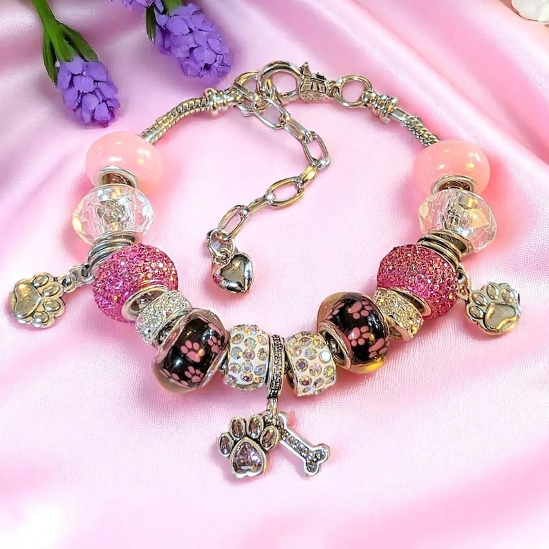Dog Paw European beaded bracelet - Silver - - LadybugfeetDesigns -