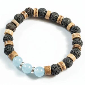 Aquamarine Gemstone Lava Bead Stretch bracelet-MARCH Birthstone - - LadybugfeetDesigns -