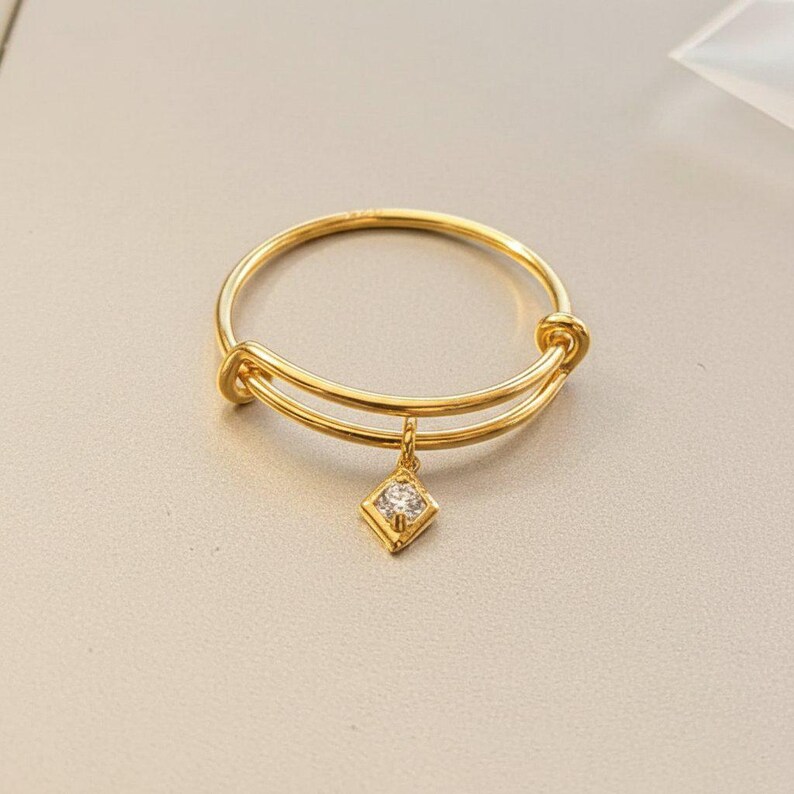 Tiny CZ Diamond Adjustable Charm Ring, Gold - - LadybugfeetDesigns -