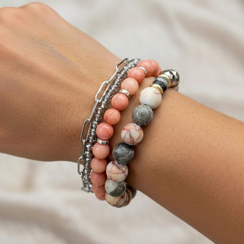 Peach Dream Crystal Beaded layered cuff bracelet - - LadybugfeetDesigns -