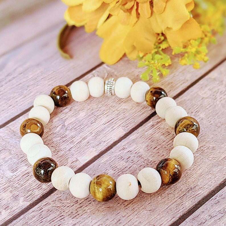 Tiger's Eye White Wood Bead Diffuser Bracelet-Creativity Bracelet - - LadybugfeetDesigns -