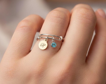 Expandable Initial & Birthstone Charm Ring,Gift for her