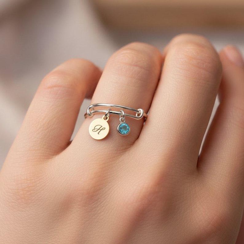 Expandable Initial & Birthstone Charm Ring,Gift for her - - LadybugfeetDesigns -