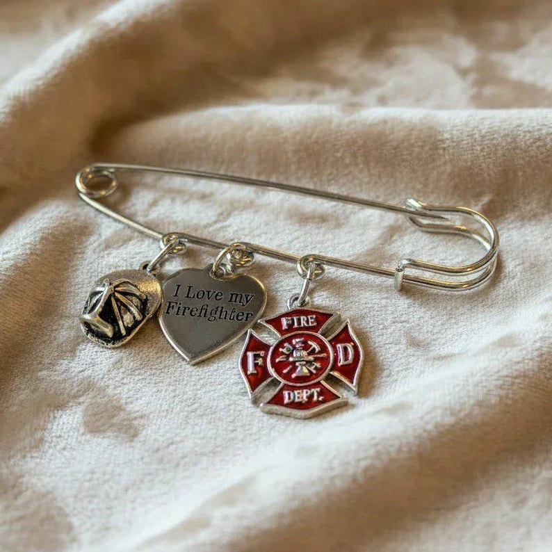 I Love My Firefighter Safety Pin Brooch, Purse Charm - - LadybugfeetDesigns -