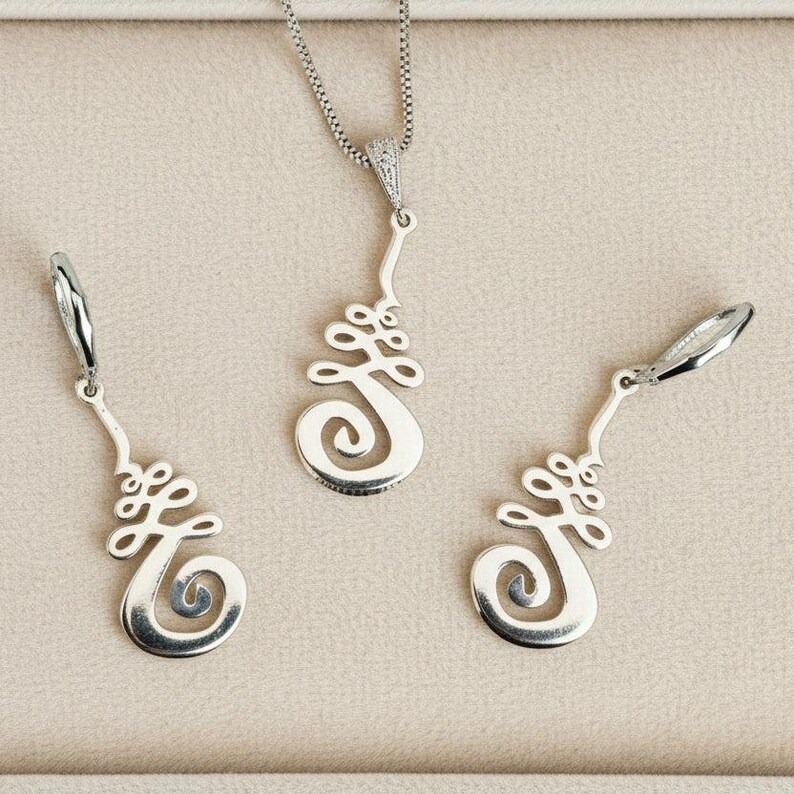 Unalome Earring/Necklace Set, Silver - Adjustable - - LadybugfeetDesigns -