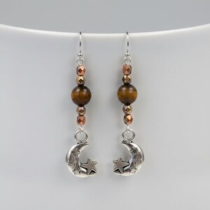 Crescent Moon Tiger's Eye Beaded Hook Earrings, Silver - - LadybugfeetDesigns -