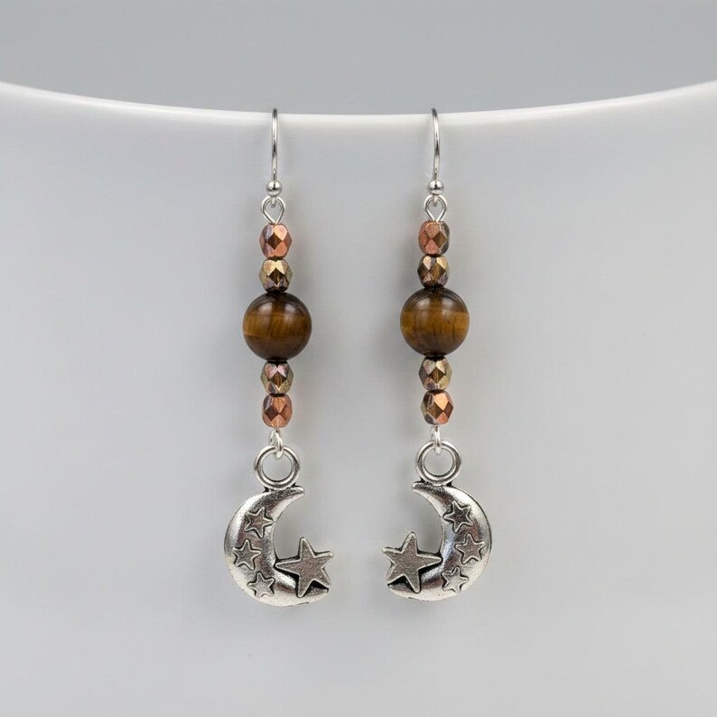 Crescent Moon Tiger's Eye Beaded Hook Earrings, Silver - - LadybugfeetDesigns -