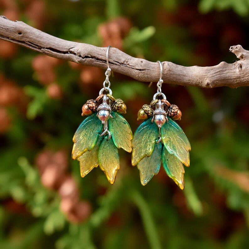 Acorn Leaf Cluster Hook Earrings, Silver - - LadybugfeetDesigns -